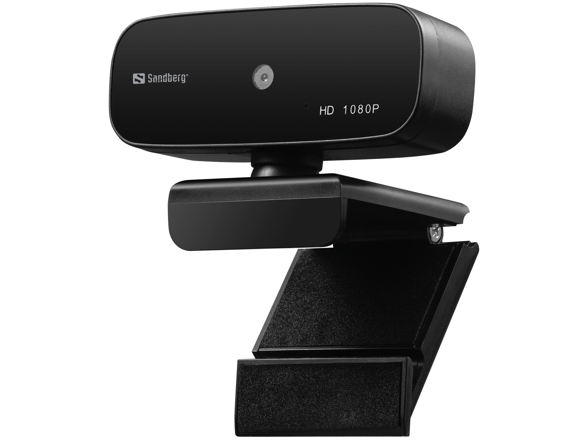 Black webcam with a camera lens, Sandberg logo, and HD 1080P text, mounted on a stand.