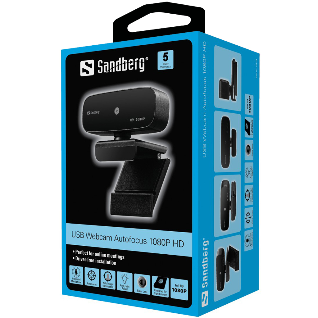 Webcam box with a webcam and text, Sandberg brand. Blue and black design.