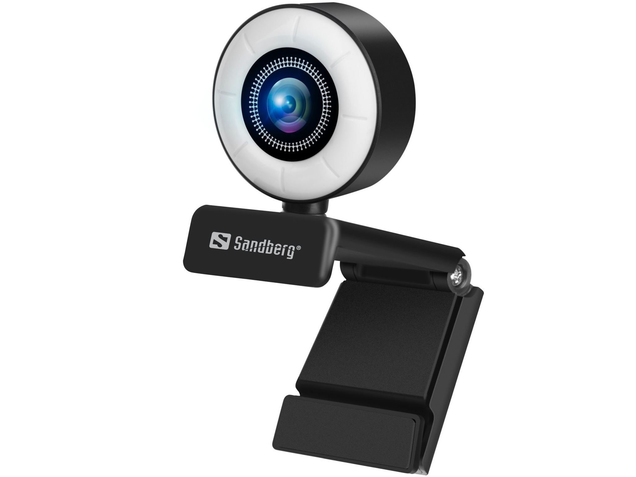 A black webcam with a ring light, resting on a black stand. It's against a white background.