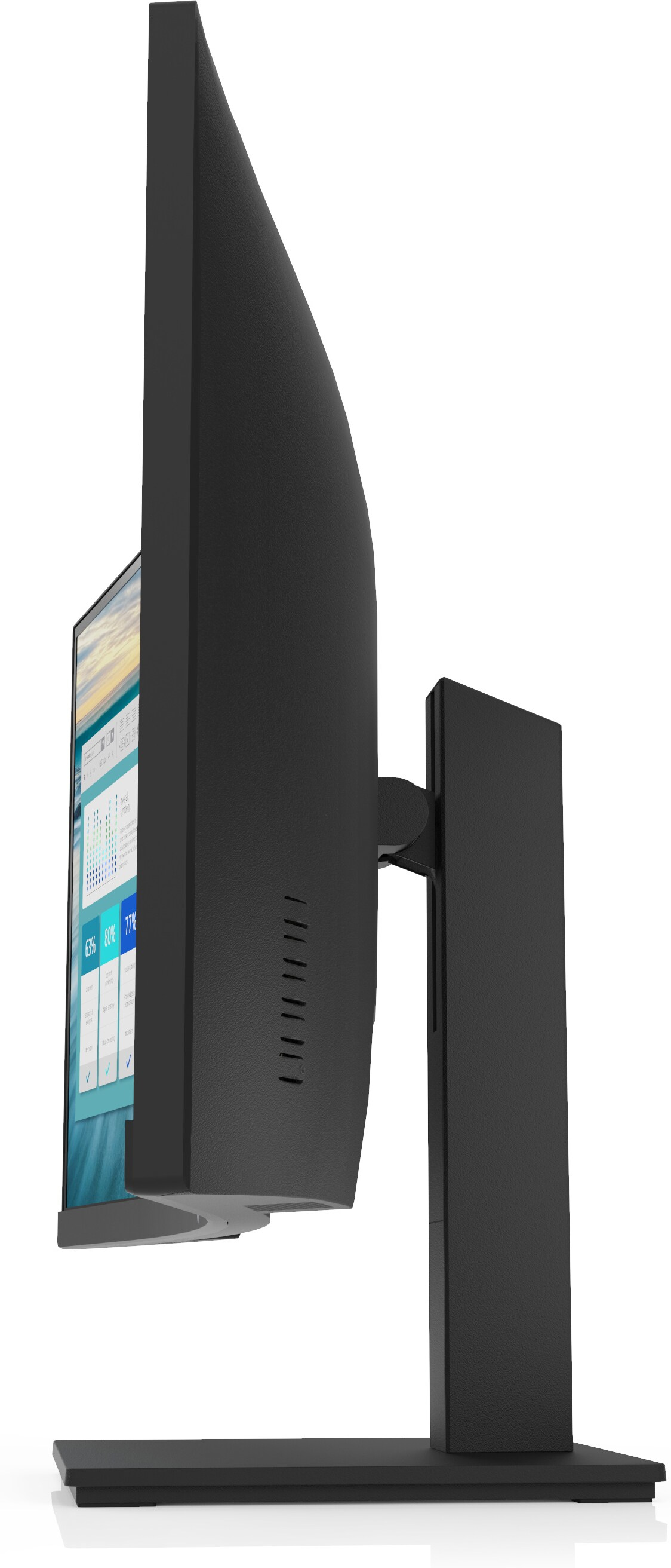 Ein schwarzer Computermonitor, von der Seite betrachtet, auf einem Ständer.
