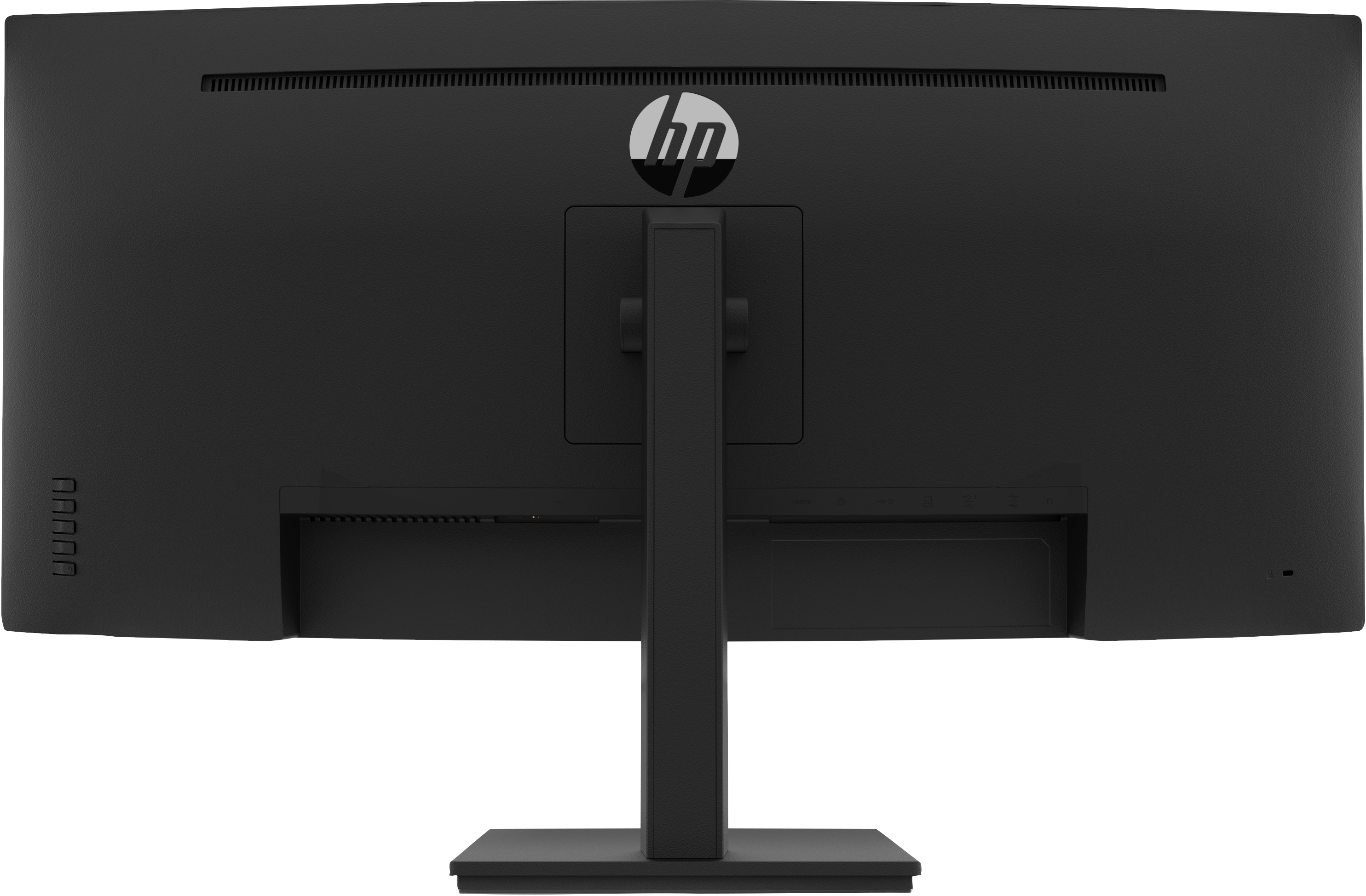 Die Rückseite eines schwarzen Computermonitors mit dem HP-Logo.