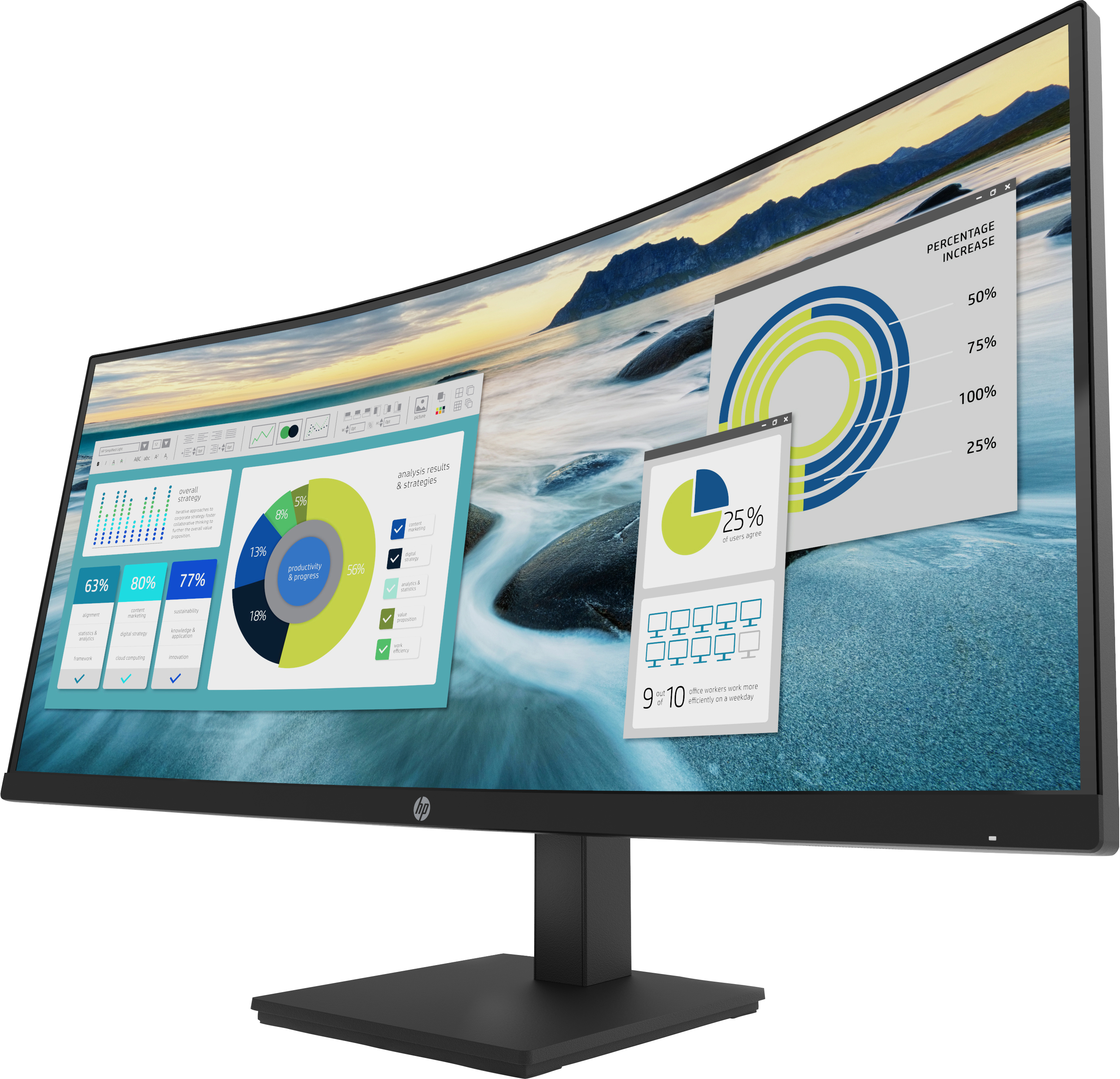 Gebogener Computermonitor mit Diagrammen, Grafiken und Daten auf dem Bildschirm.