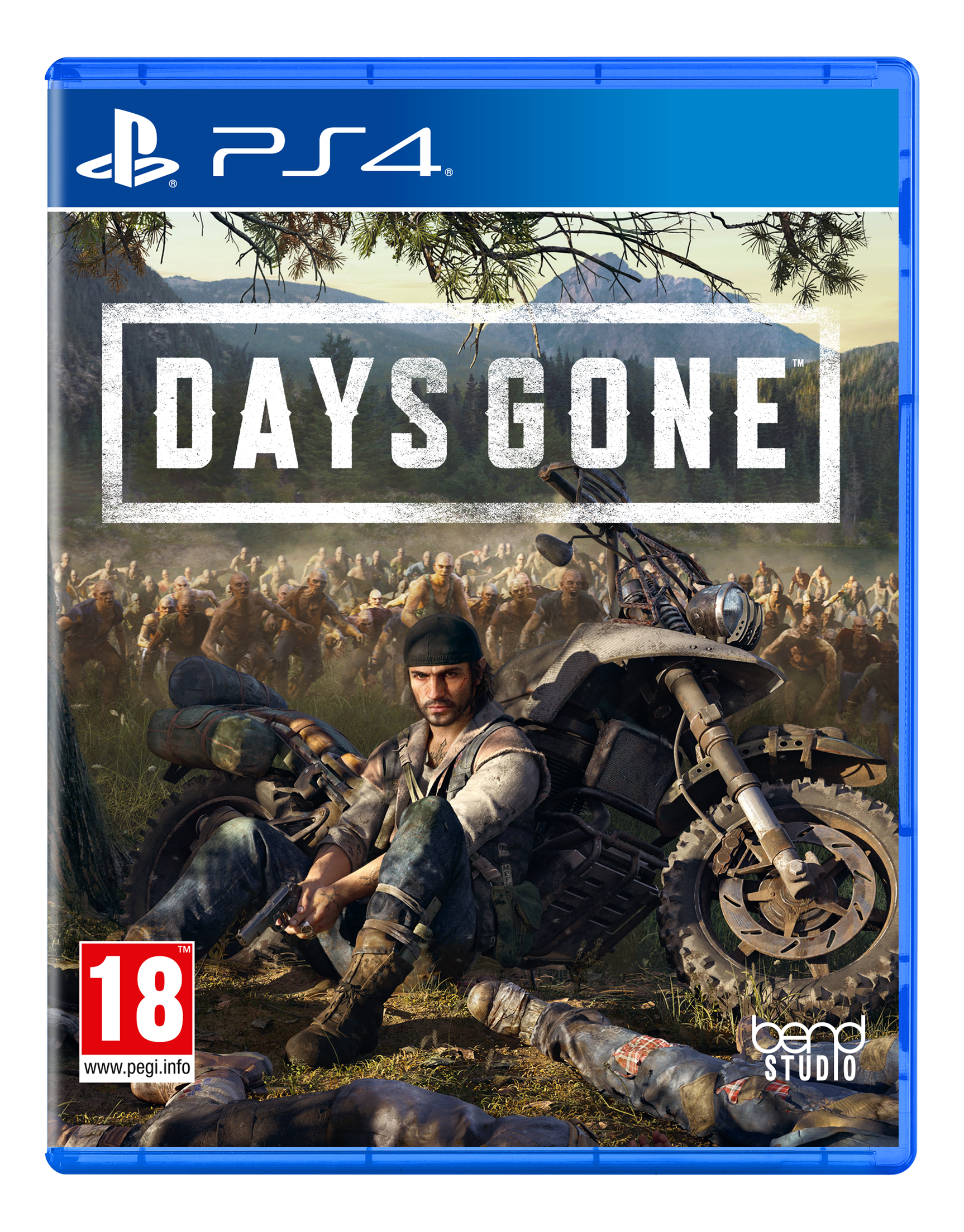 Days Gone PS4 Spielcover. Mann auf Motorrad, Zombies im Hintergrund, blaue Hülle.