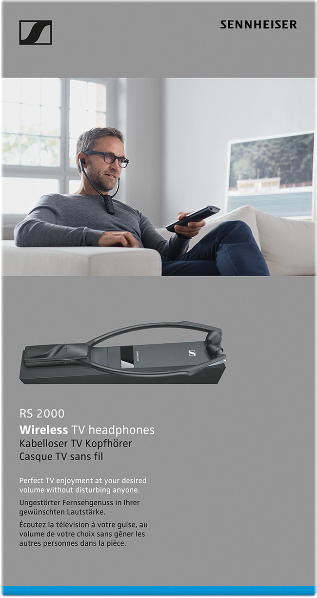 Man watches TV with headphones, product info on a gray background.