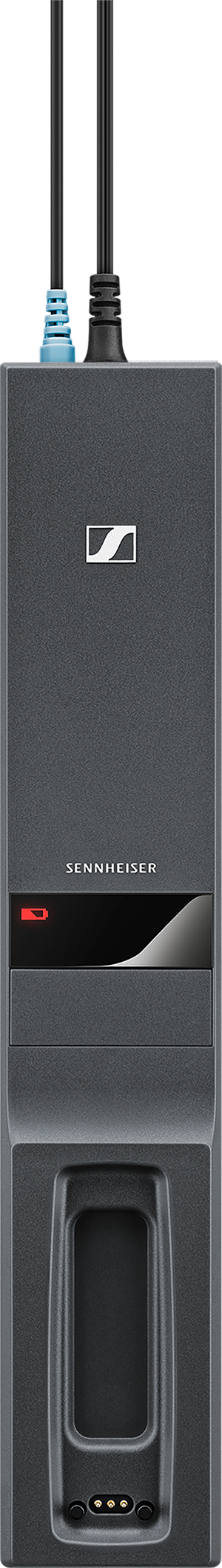 A gray Sennheiser audio device. Has two black and one blue cable attached.