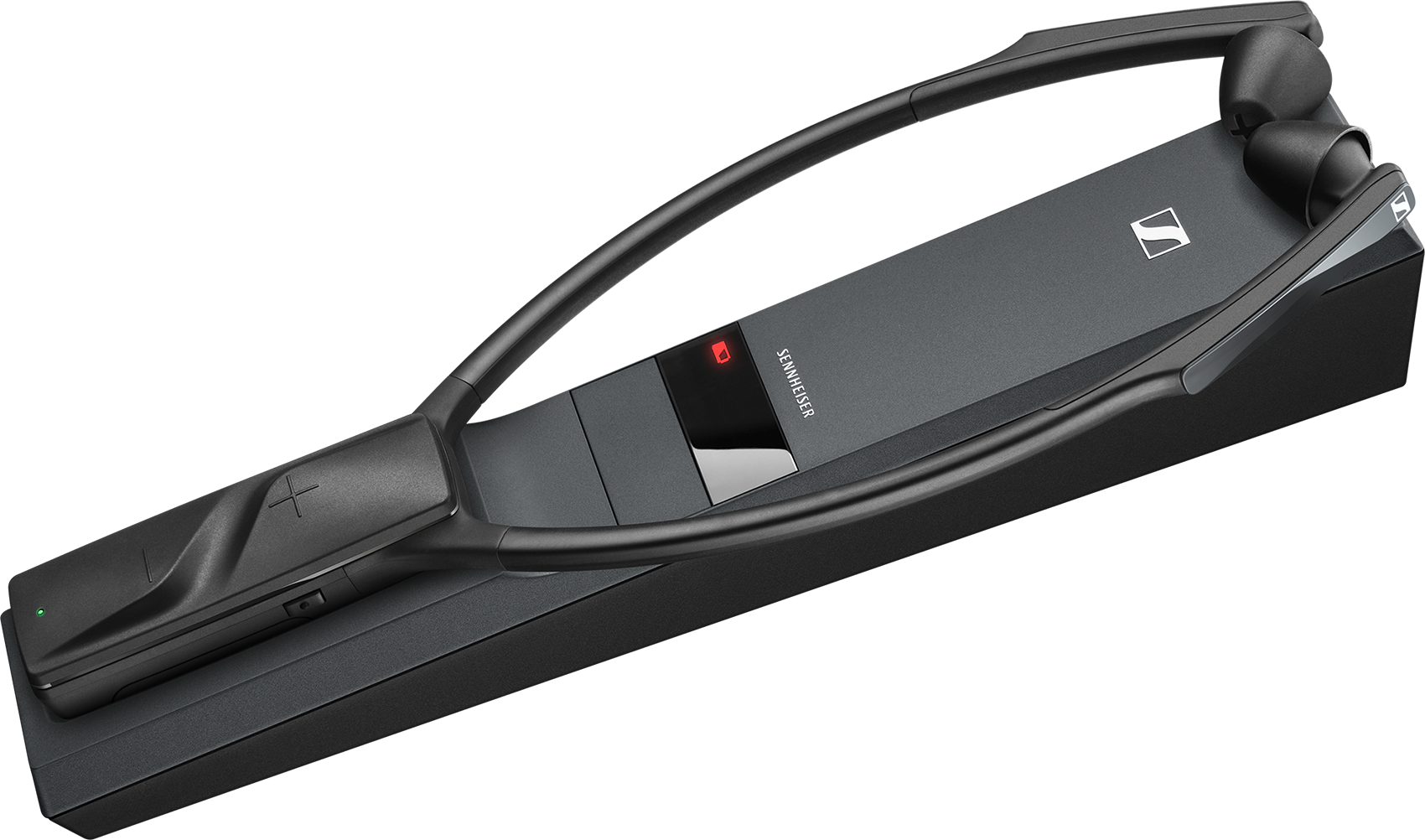 Sennheiser wireless headphones with a charging base, on a white surface.