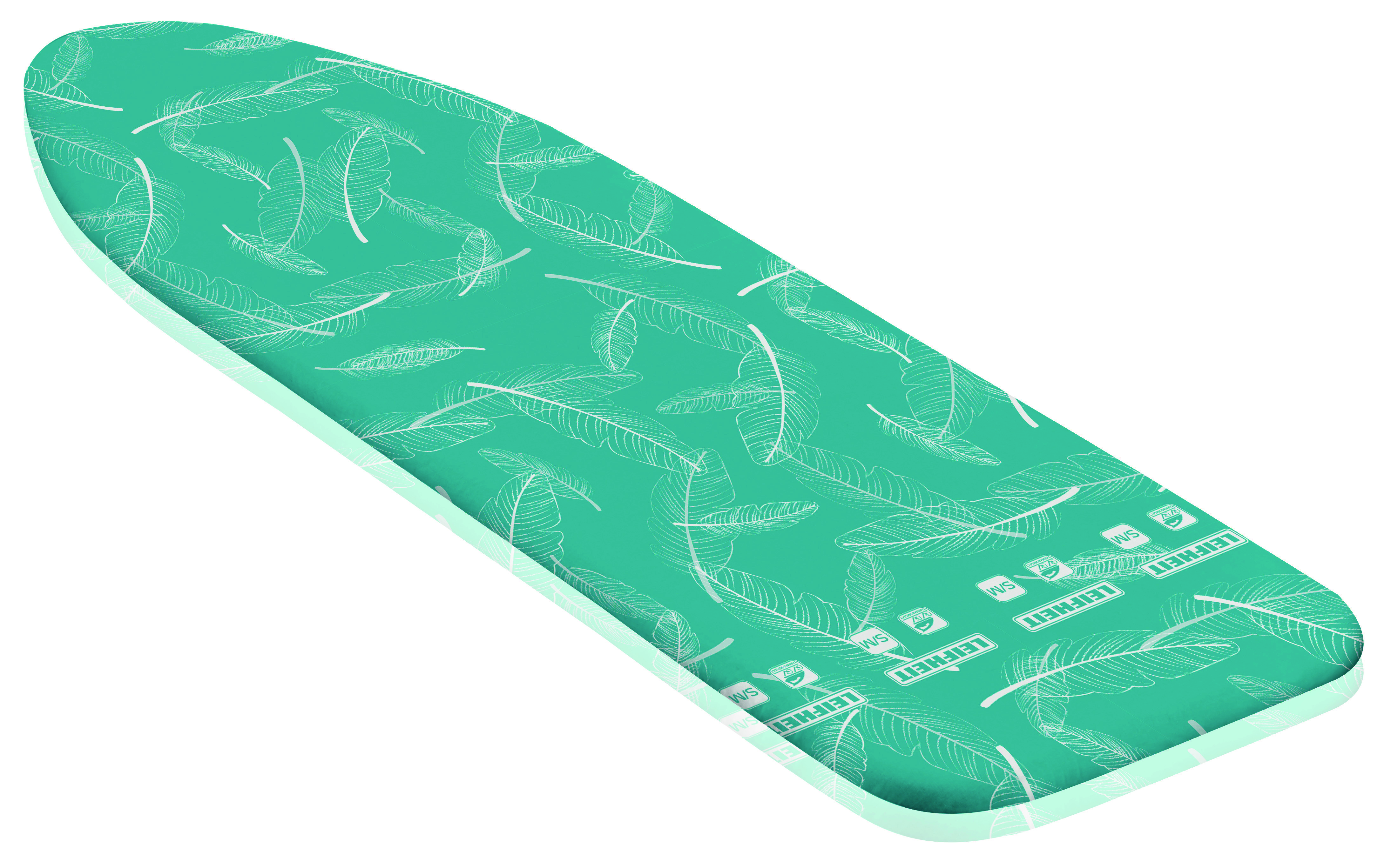 Teal strijkplankhoes met witte veermotieven, bovenaanzicht.