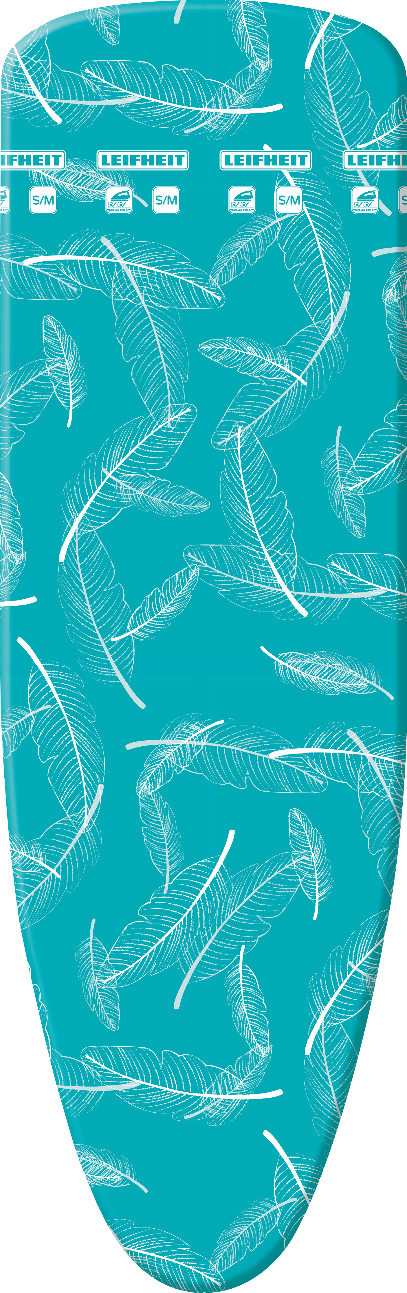 Strijkplankhoes met wit verenpatroon op turquoise achtergrond, merk Leifheit zichtbaar.