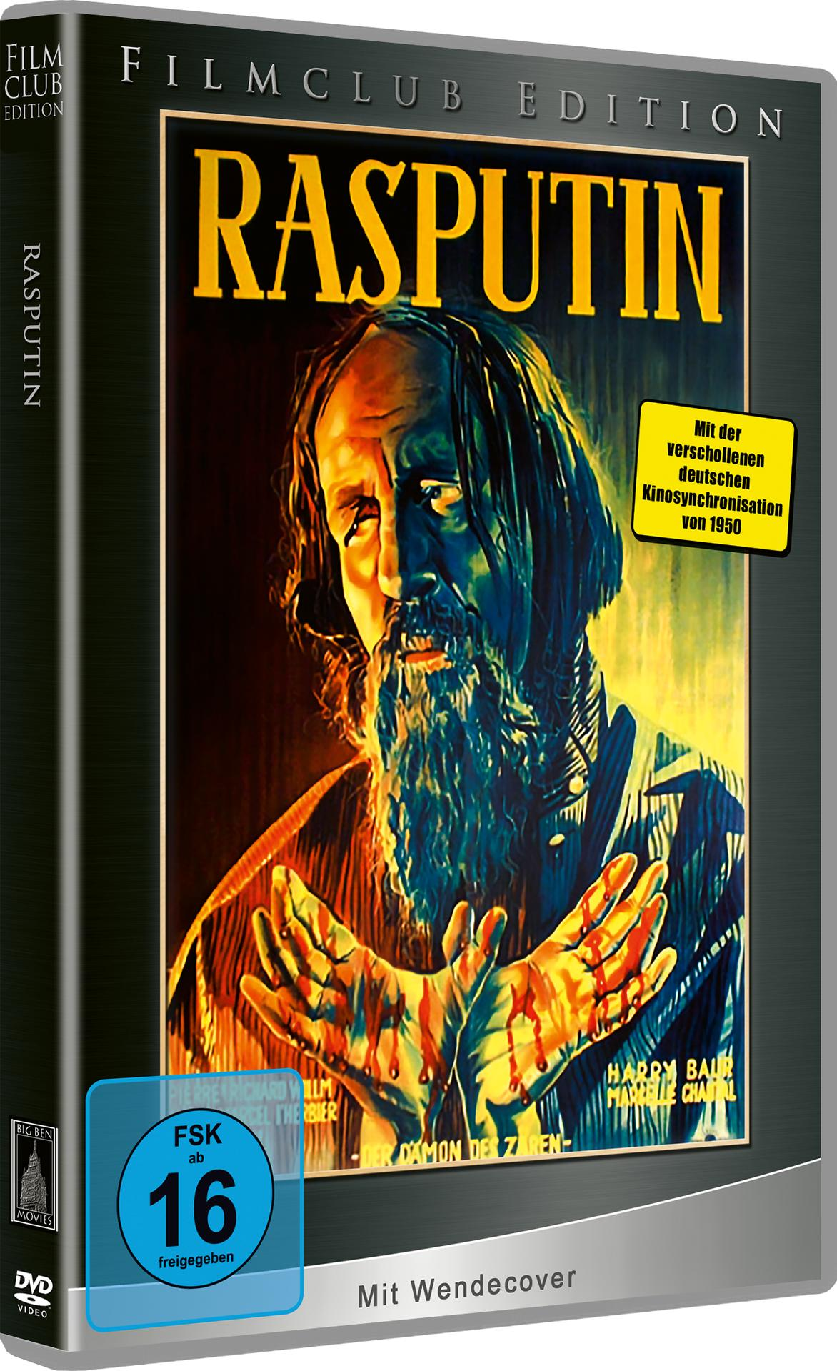 DVD-Hülle: Ein Mann mit langem Bart und blutbefleckten Händen im Film 'Rasputin'.