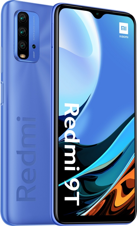 Teléfono azul Redmi 9T, con el logotipo de Redmi en la parte posterior.