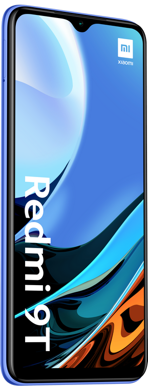 Teléfono Xiaomi Redmi 9T azul. El teléfono se ve desde un ángulo lateral que muestra la pantalla y el lateral.