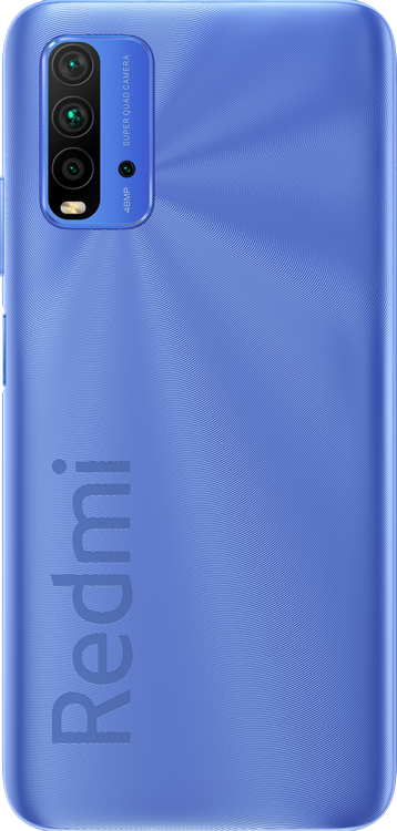 Teléfono Redmi azul con triple cámara y logotipo Redmi.
