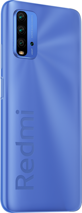Teléfono Redmi azul. Tiene una triple cámara y el logotipo de Redmi en la parte trasera.