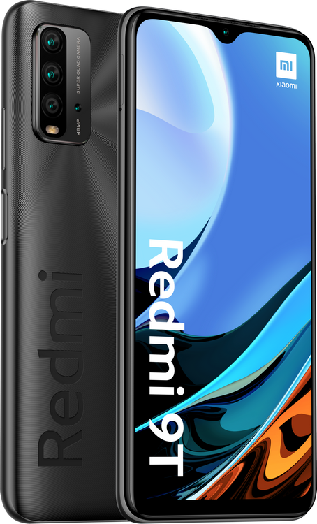 Un teléfono inteligente negro con una configuración de triple cámara y el logotipo de Redmi.