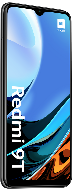 Teléfono Redmi 9T negro. La pantalla muestra una imagen abstracta azul y naranja.