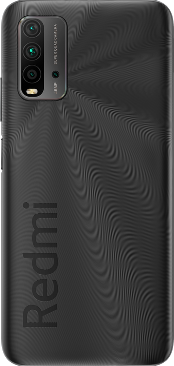 Parte trasera del teléfono Redmi negro. Tres cámaras, logo Redmi.
