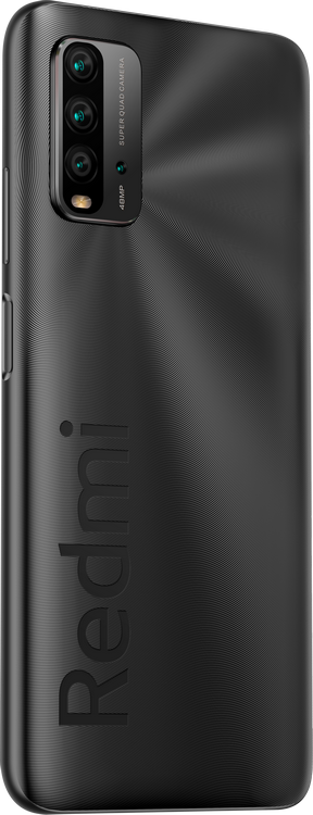 Un smartphone Redmi negro, vista en ángulo, lado trasero visible. La parte trasera tiene un diseño texturizado y el logotipo Redmi.