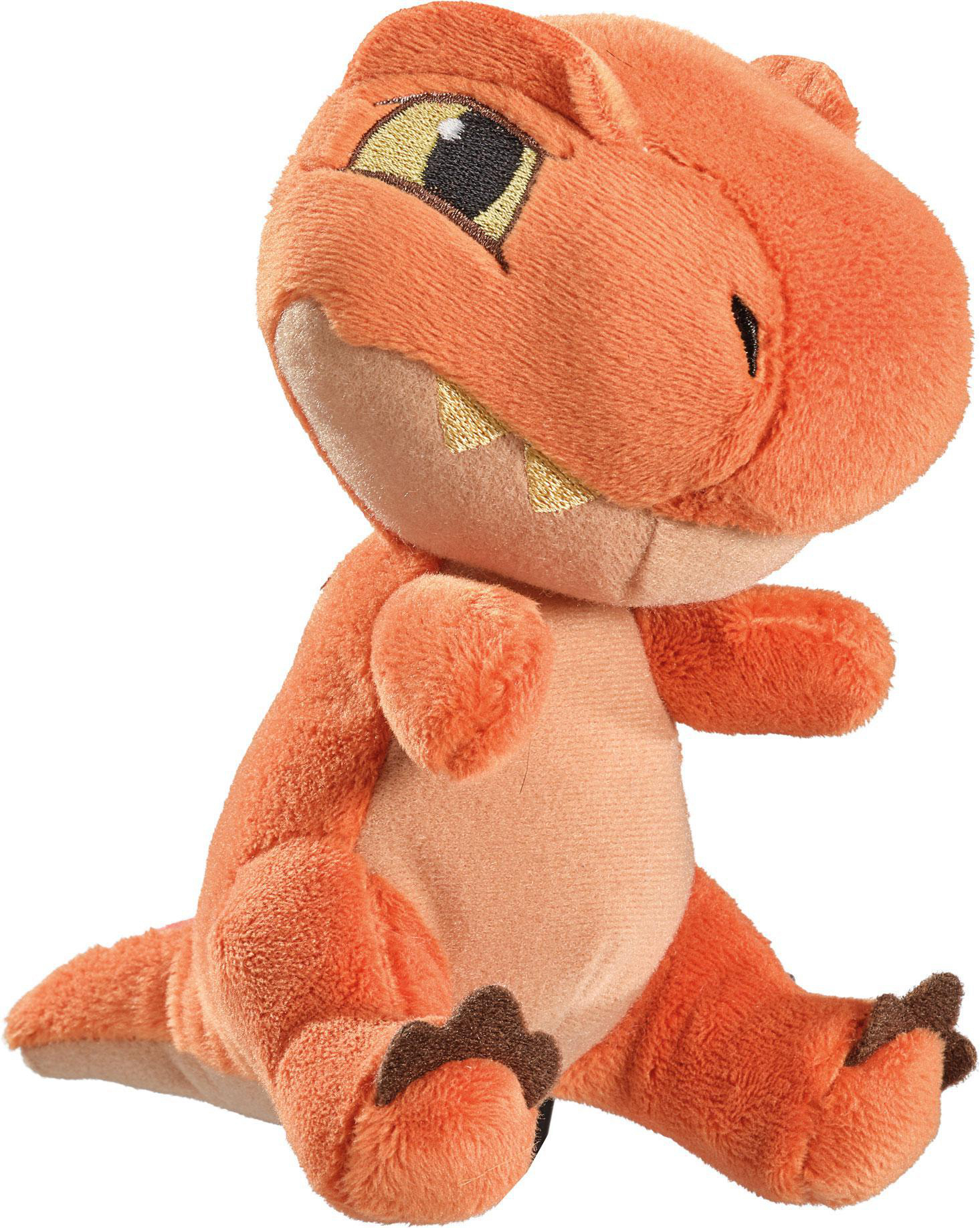 Ein orangefarbener Plüsch-Dinosaurier mit großen Augen sitzt auf weißem Hintergrund.