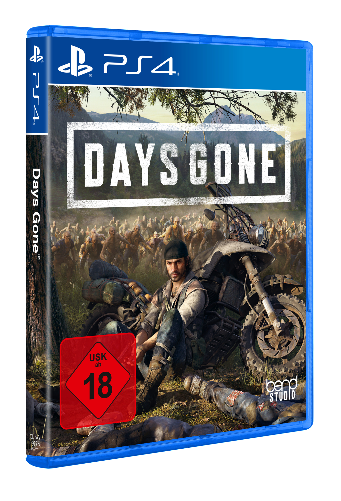 Spielcover für Days Gone. Ein Mann sitzt auf einem Motorrad, umgeben von Zombies. Das PS4-Logo und die Altersfreigabe sind sichtbar.