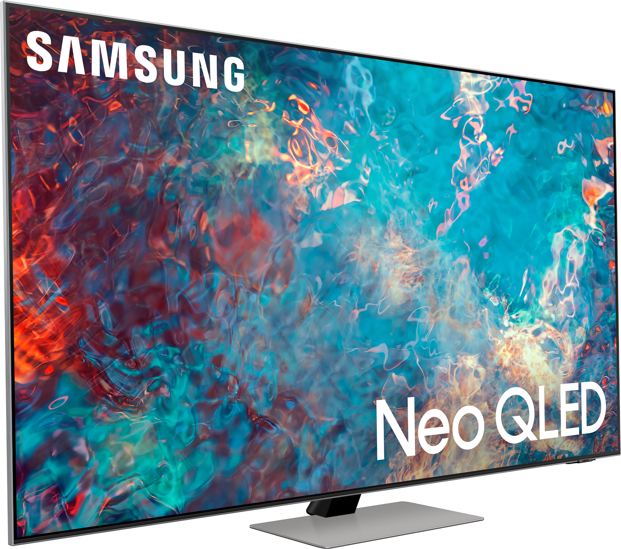 Ein Samsung Neo QLED TV, das ein farbenfrohes Bild anzeigt, mit den Namen Samsung und Neo QLED.