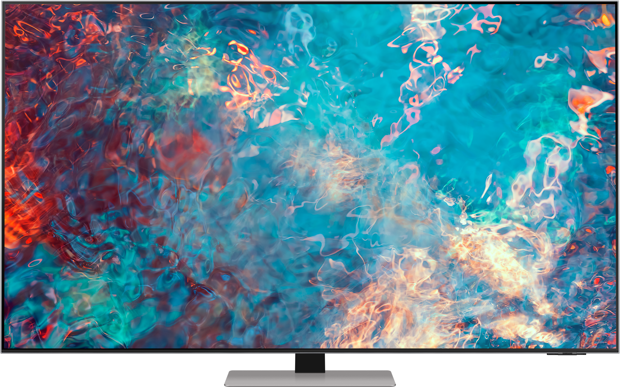 Großer Fernsehbildschirm mit farbenfrohem, abstraktem Muster.