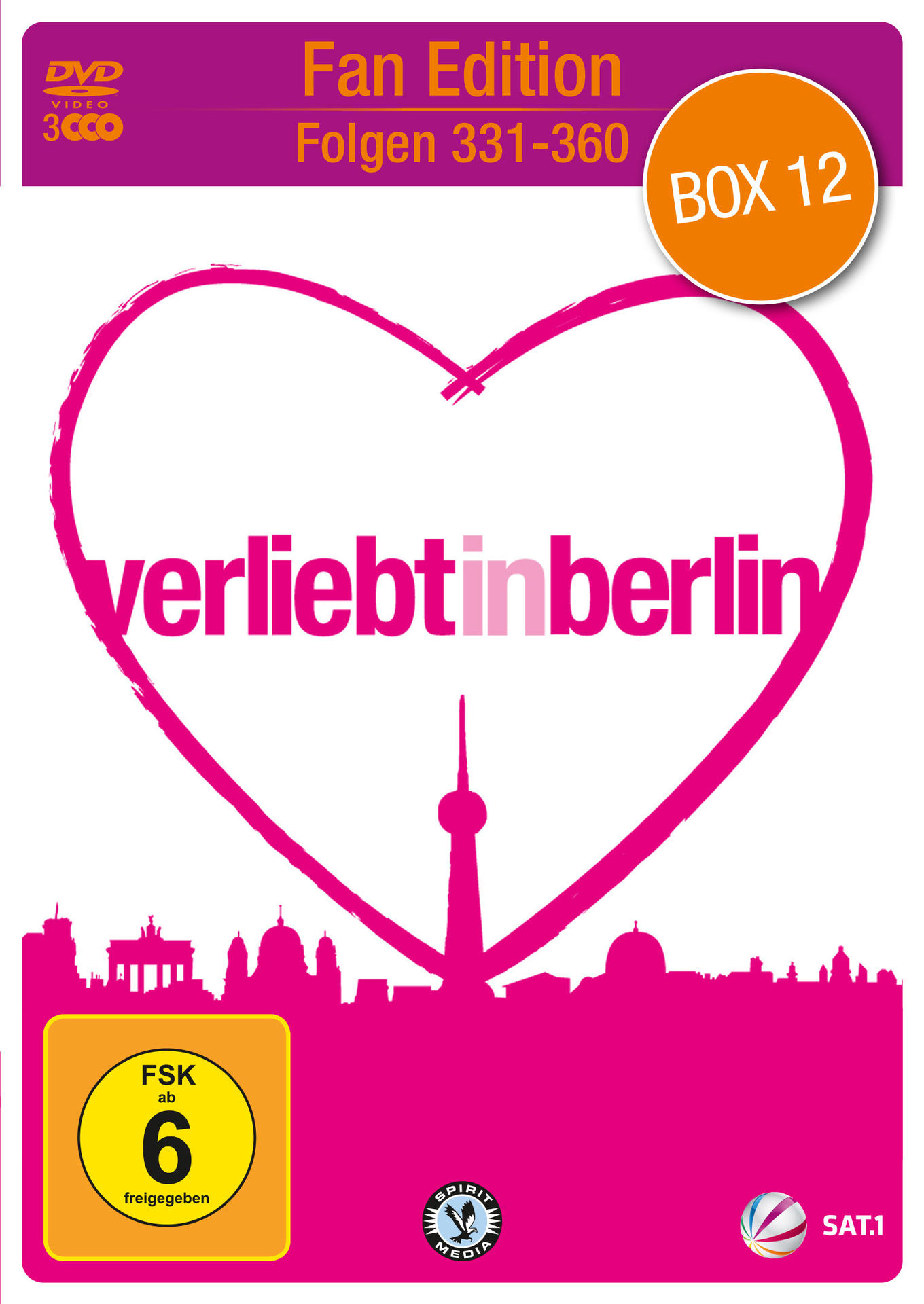DVD-Box für "Verliebt in Berlin", Box 12. Rosa Herz mit dem Titel der Sendung und der Skyline von Berlin.