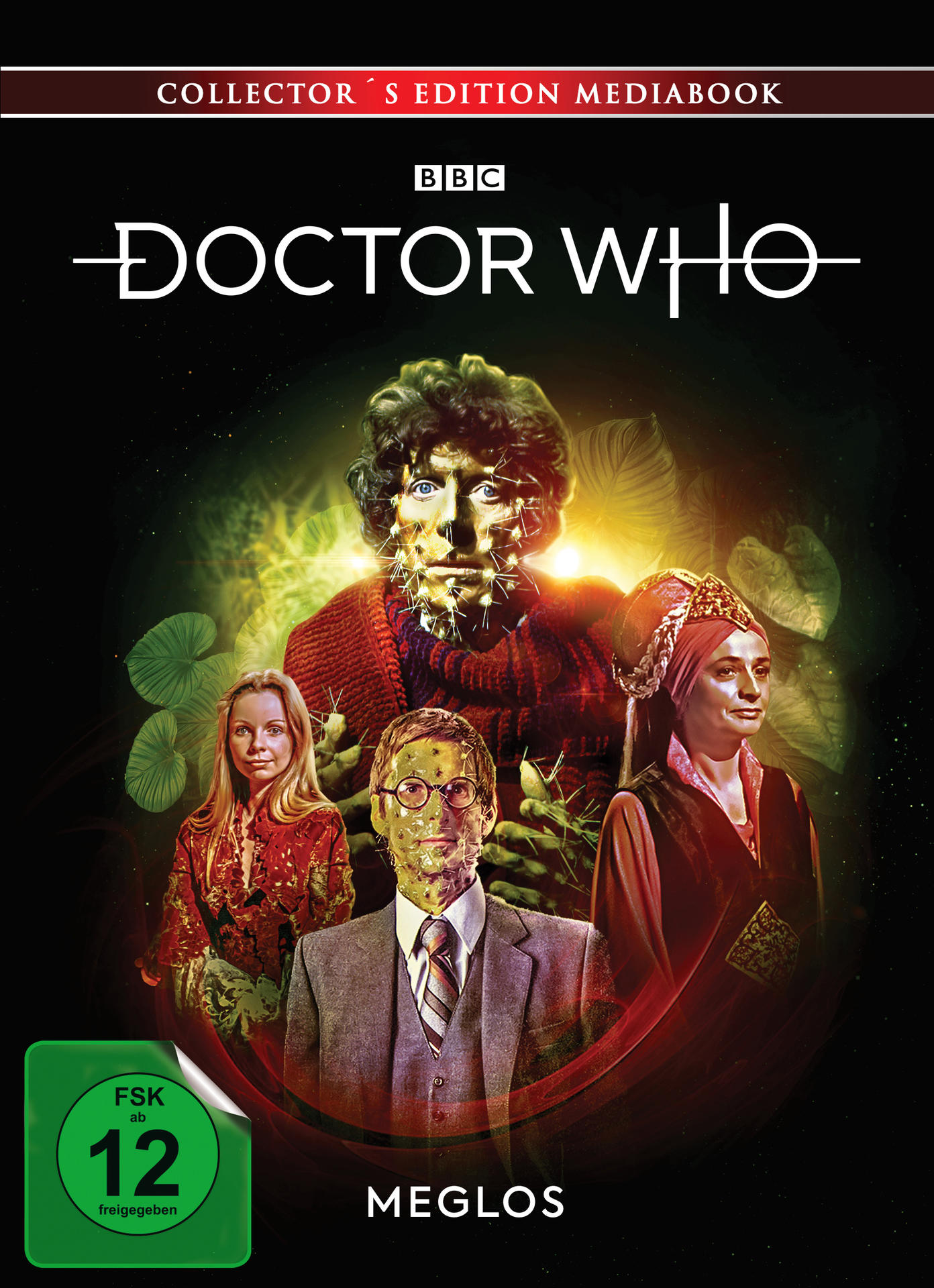 DVD-Hülle von 'Doctor Who' mit vier Personen. Titel: Meglos, vor grünem Hintergrund.