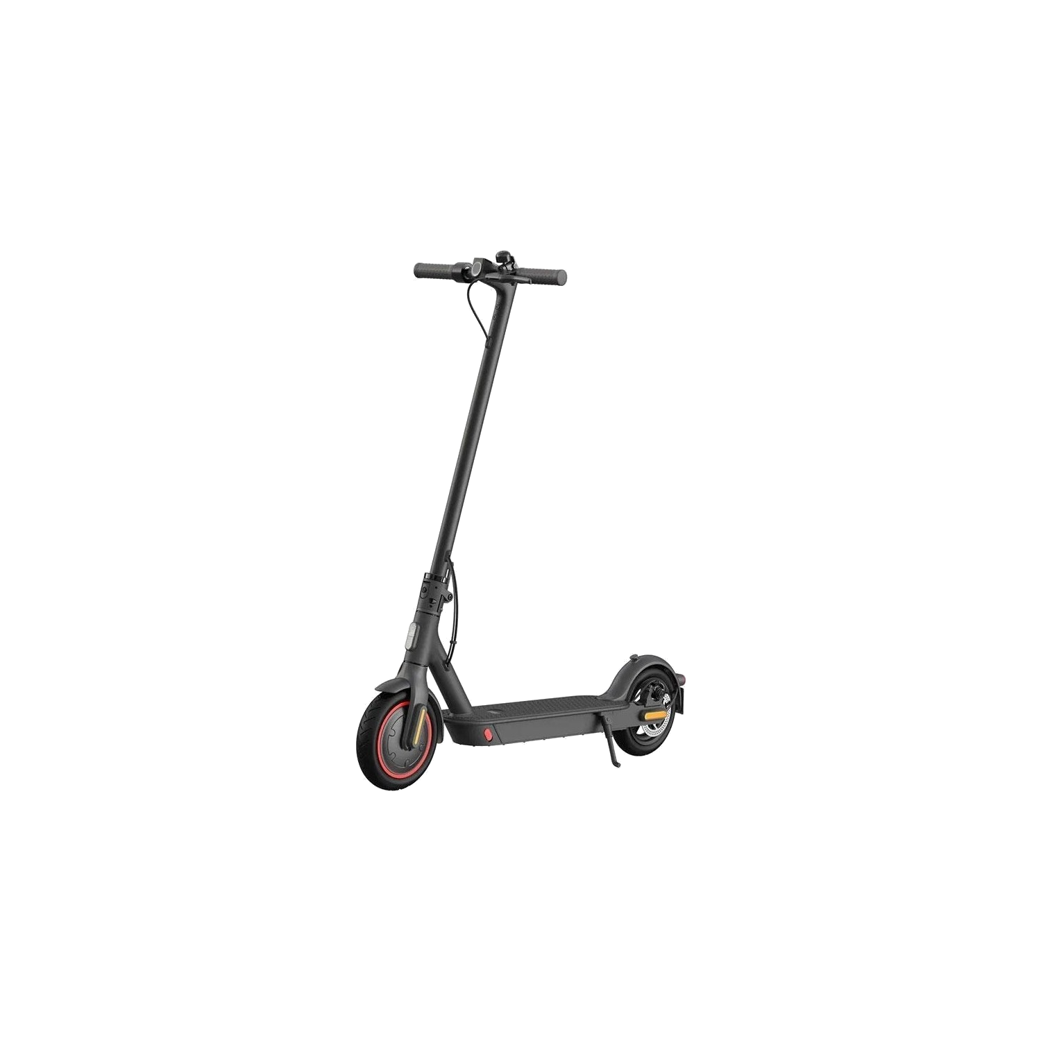 Siyah arka plan üzerinde siyah elektrikli scooter. Kırmızı tekerleklere ve siyah gidona sahip.