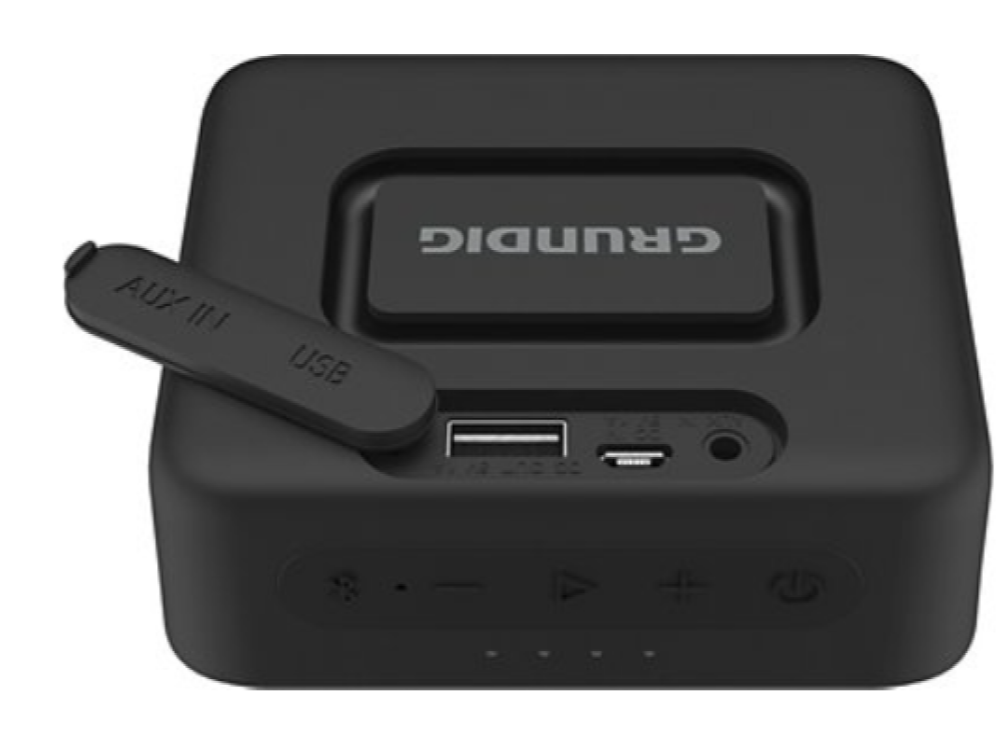 Altavoz Grundig negro con puerto aux in USB y botones.