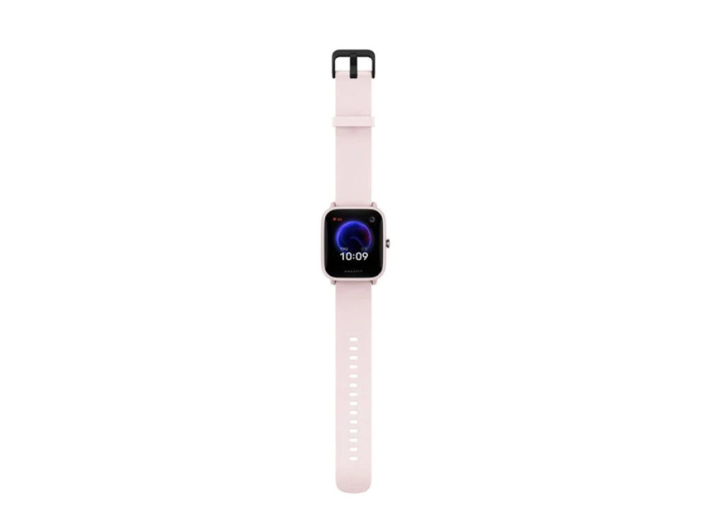 Smartwatch rosa con correa negra, fondo blanco, vista superior.