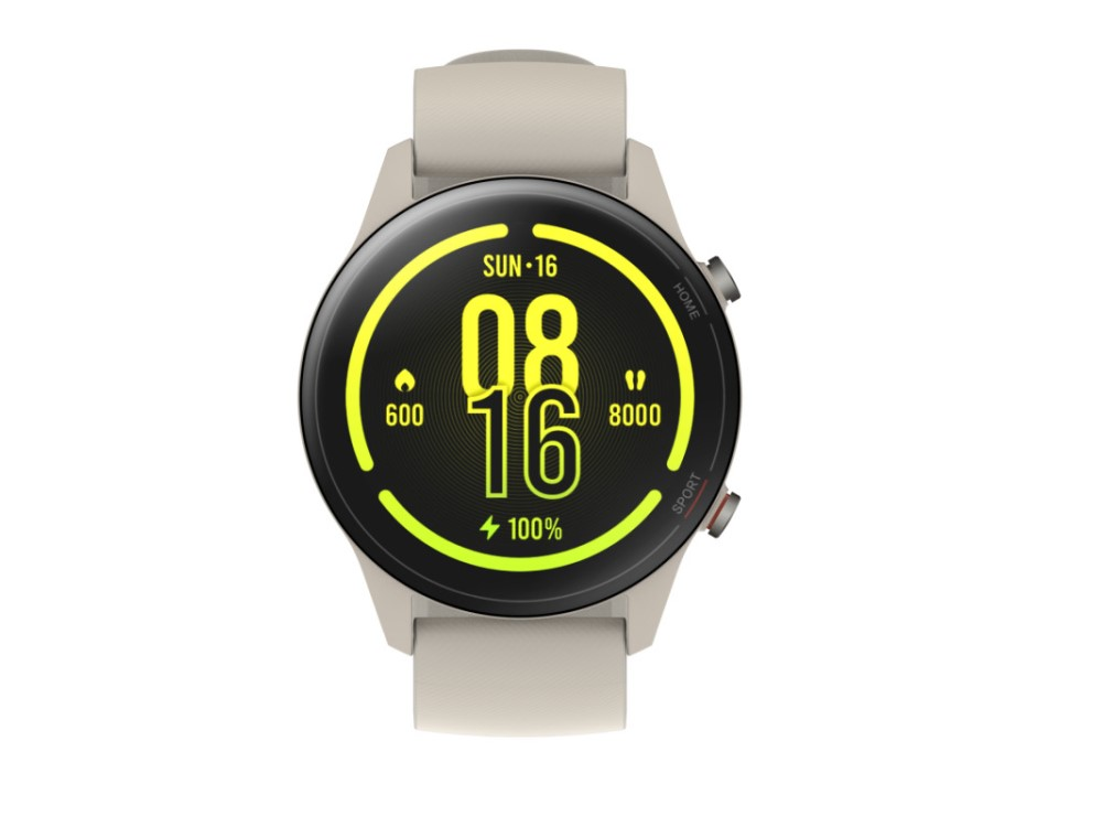 Reloj inteligente con correa color crema. La pantalla muestra fecha, hora, batería y datos de actividad.