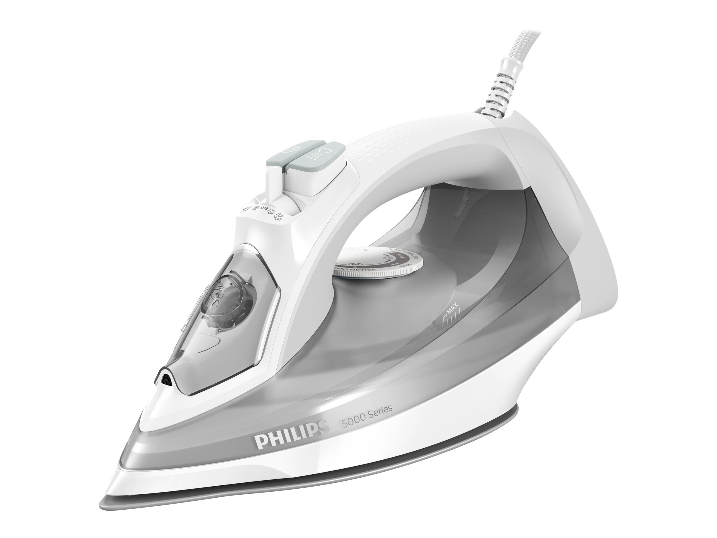 Ein weißes und graues Philips-Bügeleisen. Es hat ein Steuerrad und Knöpfe. Der Hintergrund ist weiß.
