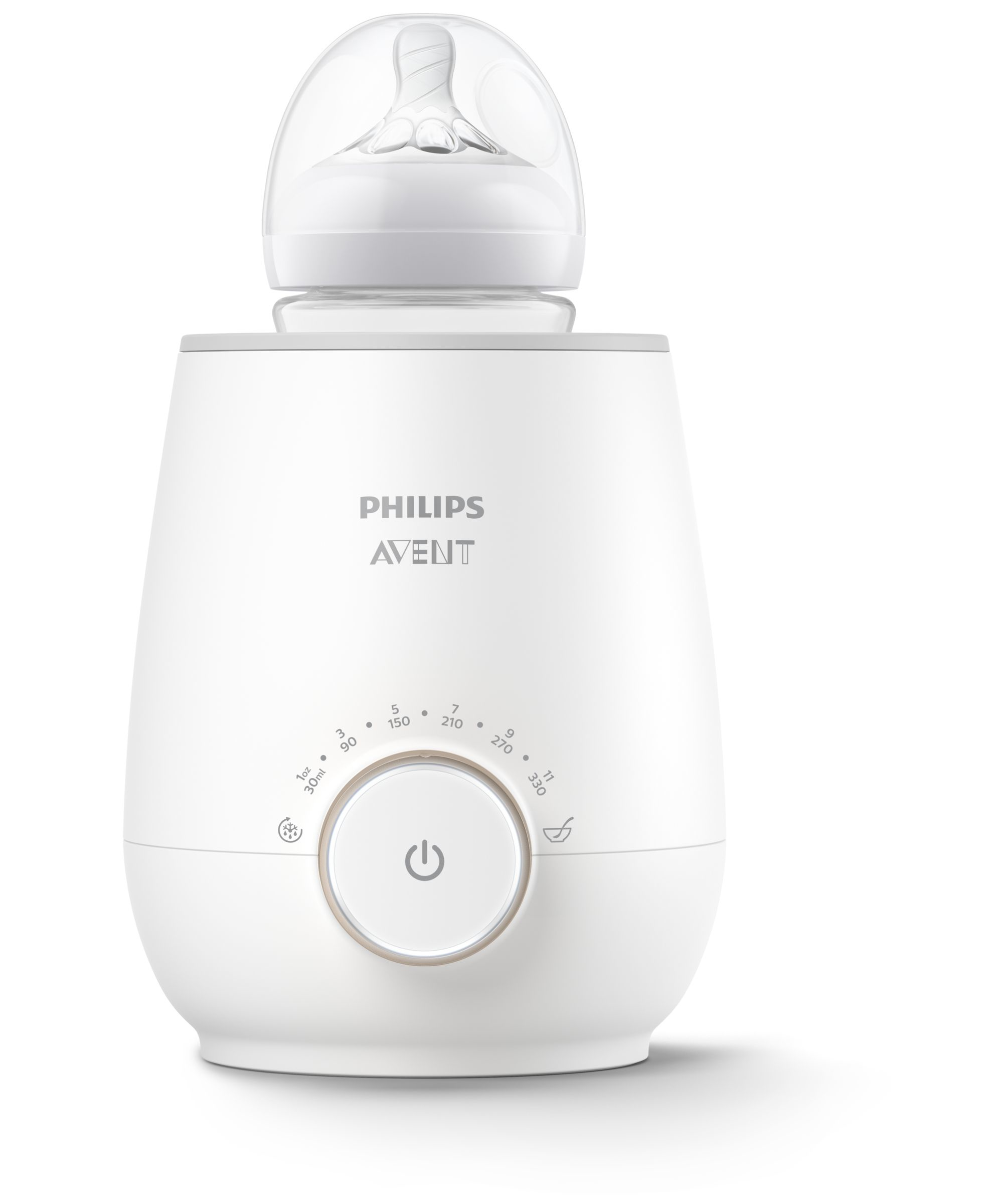 Ein weißer Philips Avent Flaschenwärmer mit Bedienelementen.