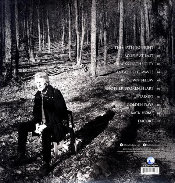 Ein Mann sitzt auf einem Stuhl in einem Wald. Bäume füllen den Hintergrund. Album-Trackliste.