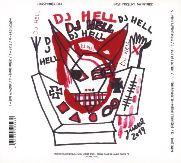 Ein CD-Cover mit einem roten, chaotischen Design und den Worten 'DJ Hell' mehrfach wiederholt.