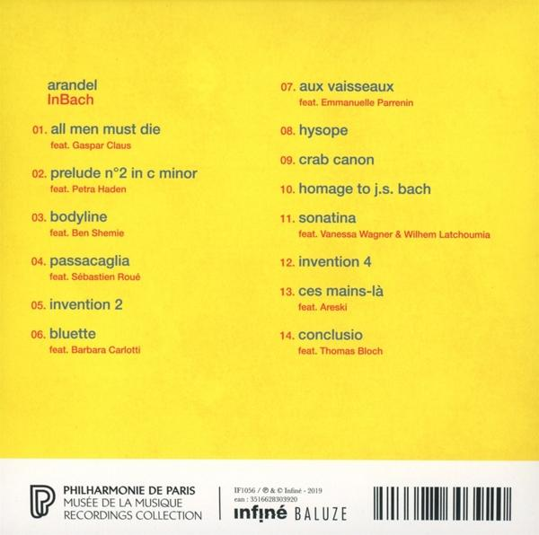 Pochette de CD avec liste des titres et texte. Fond blanc et jaune.