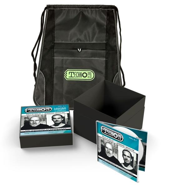 Ein Techno Club Set. Enthält eine schwarze Tasche, eine schwarze Box und eine CD-Box mit zwei Männern in Schwarzweiß.