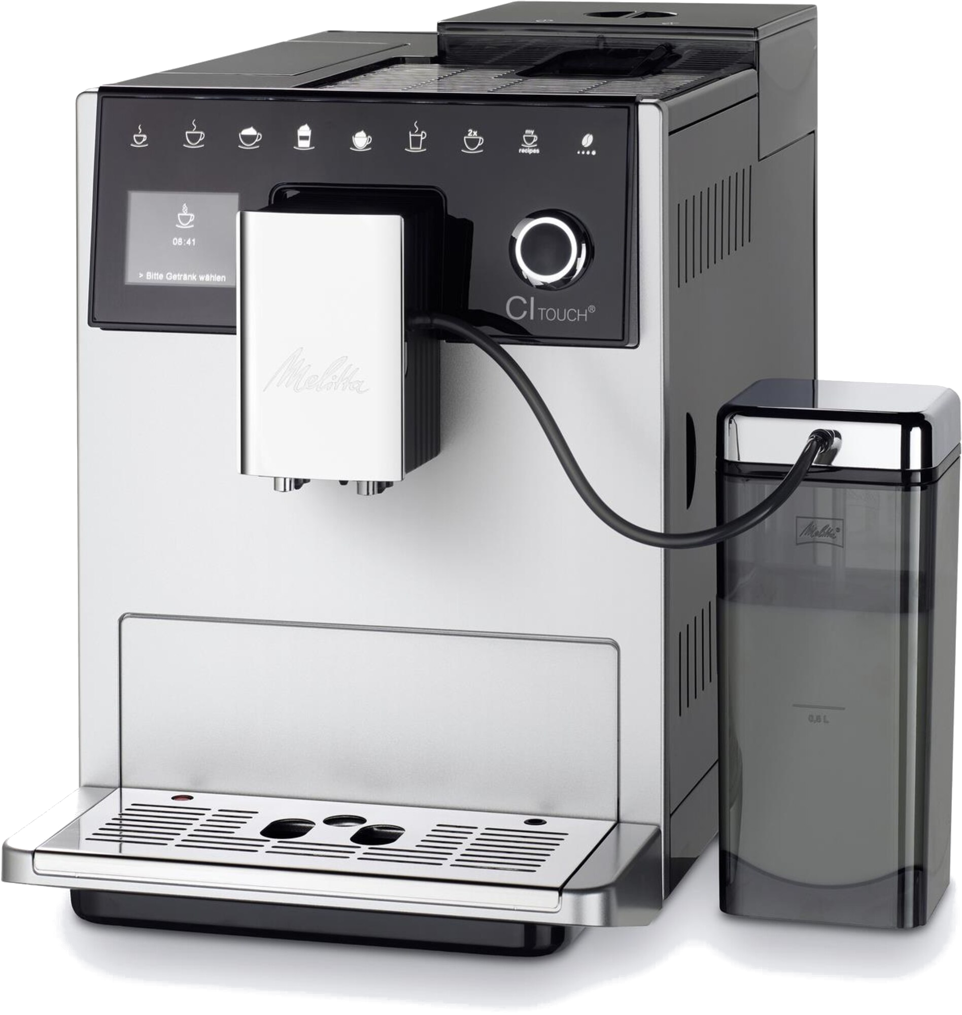 Gümüş ve siyah Melitta CI Touch kahve makinesi, yanında bir su tankı ile.