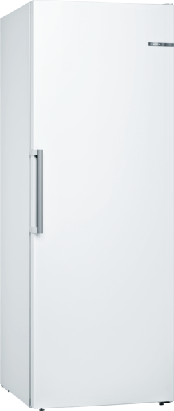 Weißer Kühlschrank. Hoch, vertikal, mit einer einzigen Tür und Griff.