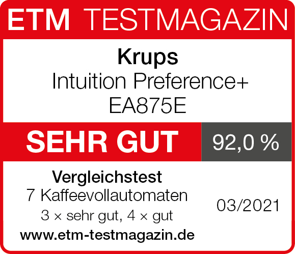 Ein Produktbild mit einer Krups Kaffeemaschine mit einer hochwertigen Bewertung von 92 %.