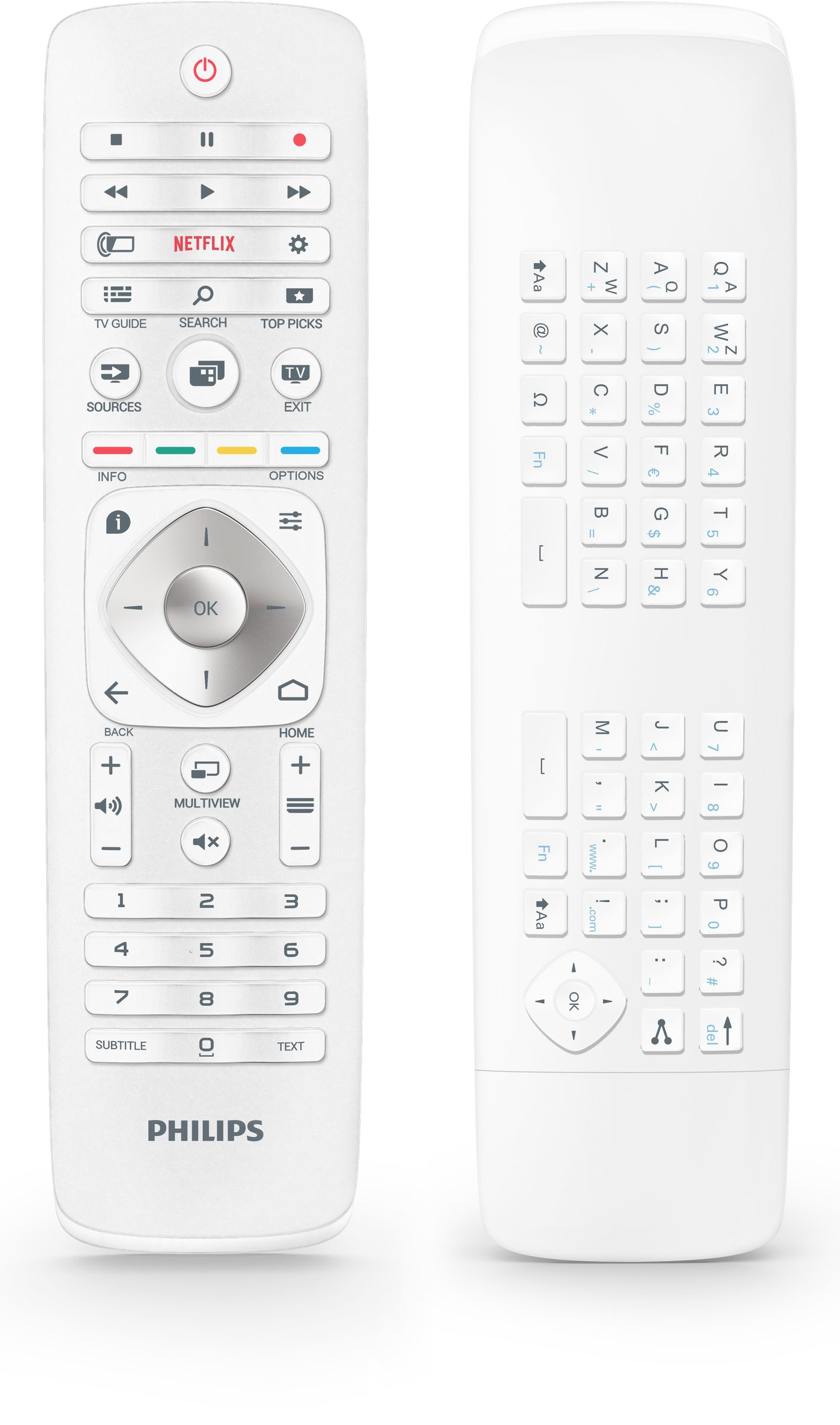 Dos mandos a distancia de TV Philips blancos, uno con botones y otro con teclado.