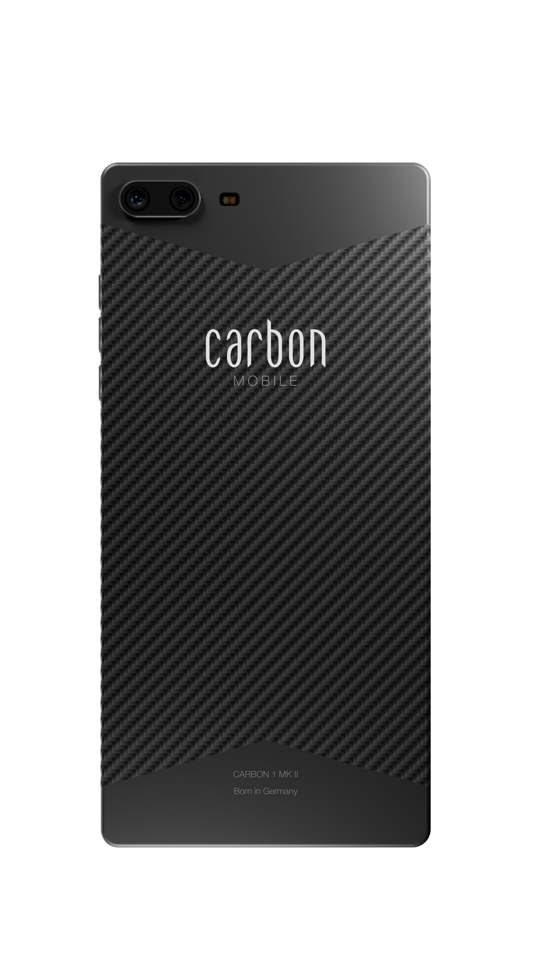 Rückseite eines schwarzen Carbon Mobile Telefons mit Karbonfaserstruktur.