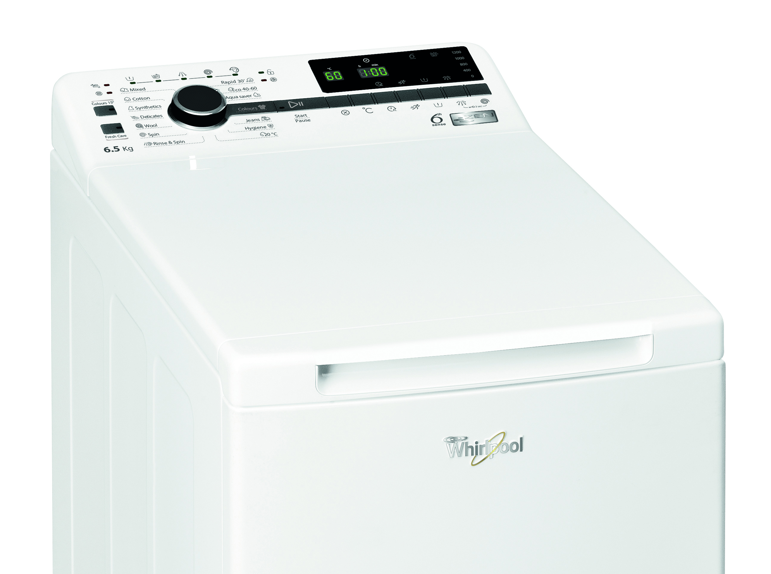 Fehér mosógép. Felülnézet. Kijelző. Beállító gombok. Whirlpool logó.