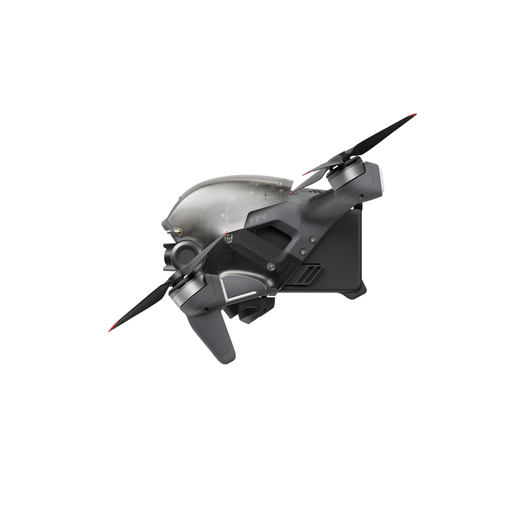 Un dron aislado sobre un fondo gris. Tiene dos hélices y una cámara.
