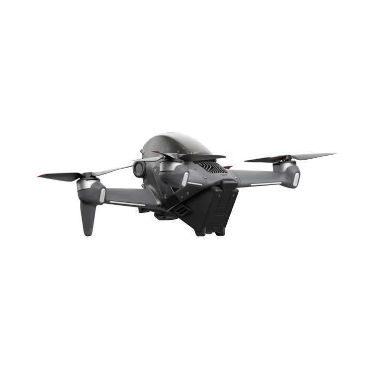 Dron gris con cuatro hélices. Tiene una parte delantera oscura con una cúpula transparente. Las hélices tienen puntas rojas.