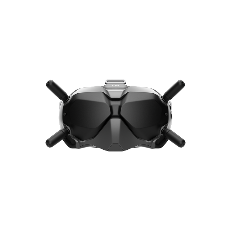 Gafas DJI FPV, negro y gris con cuatro antenas sobresalientes.