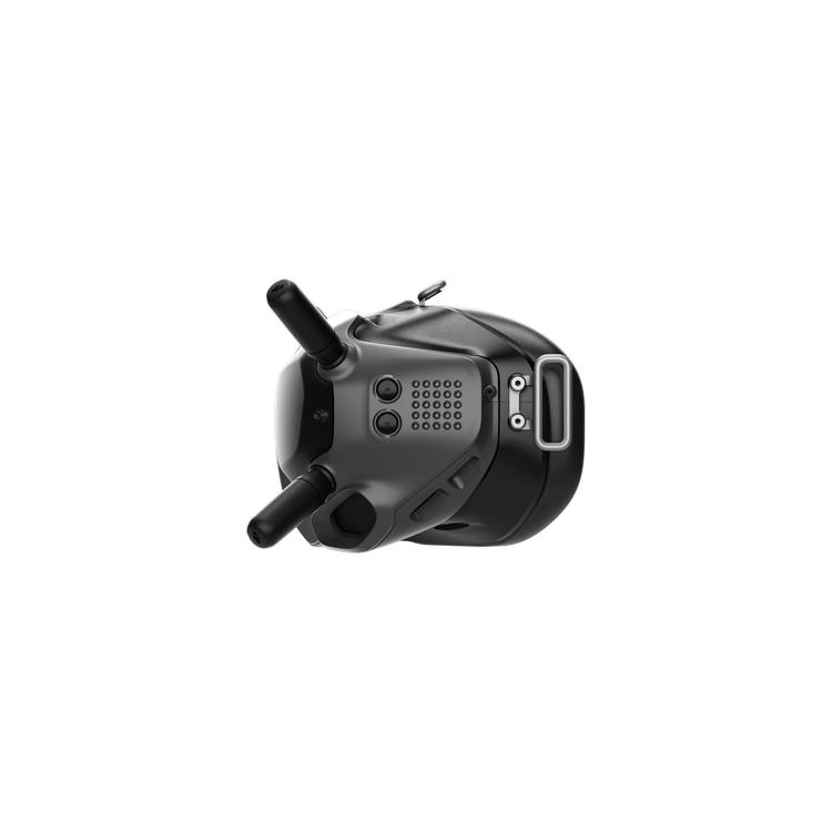 Un auricular de dron FPV negro con dos antenas, vista lateral. Botones y una pantalla visibles.