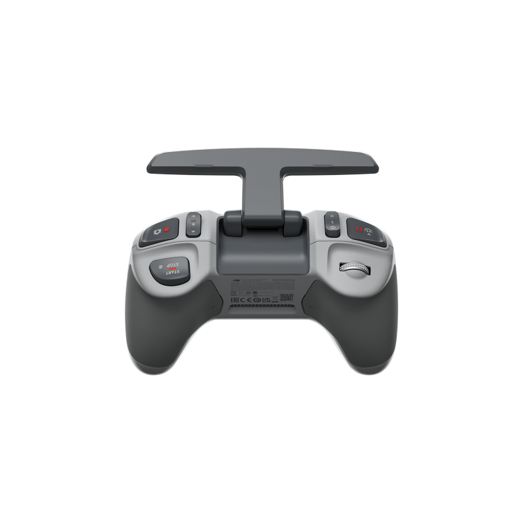 Controlador de dron gris y blanco con botones y una parte superior en forma de T.