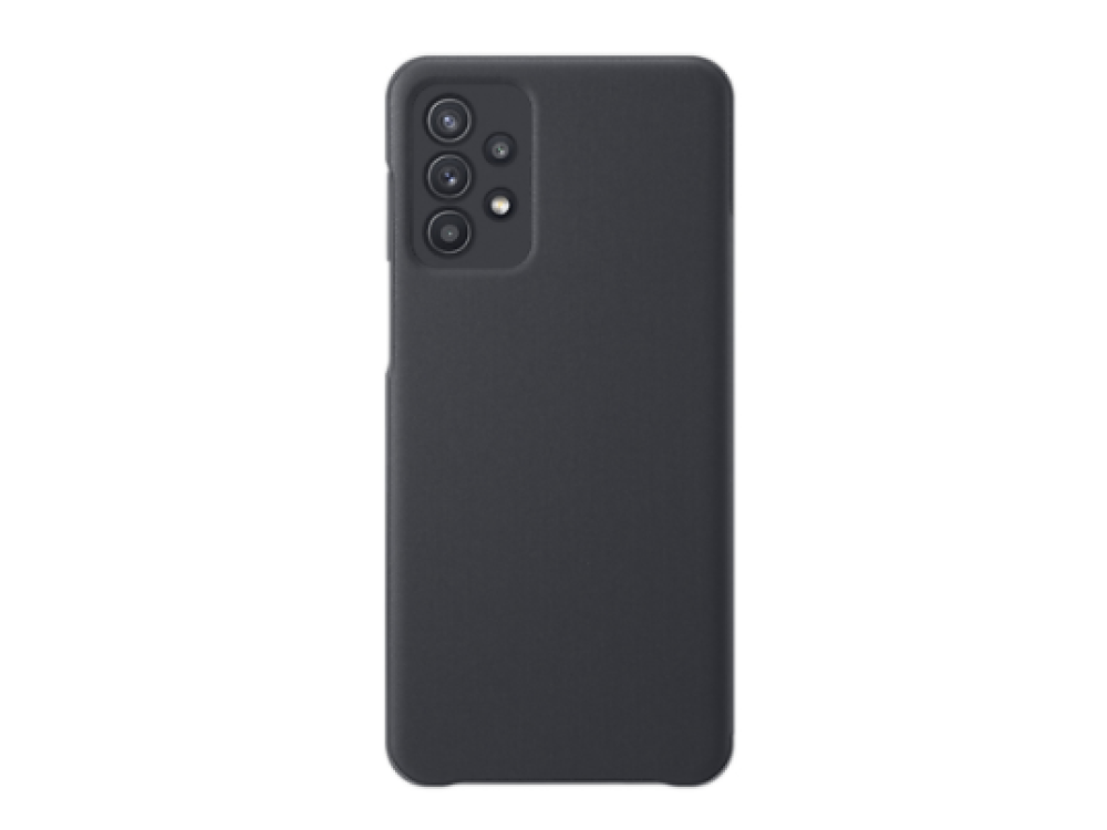Funda de teléfono negra, con una cámara de tres lentes en la parte superior y un fondo negro.