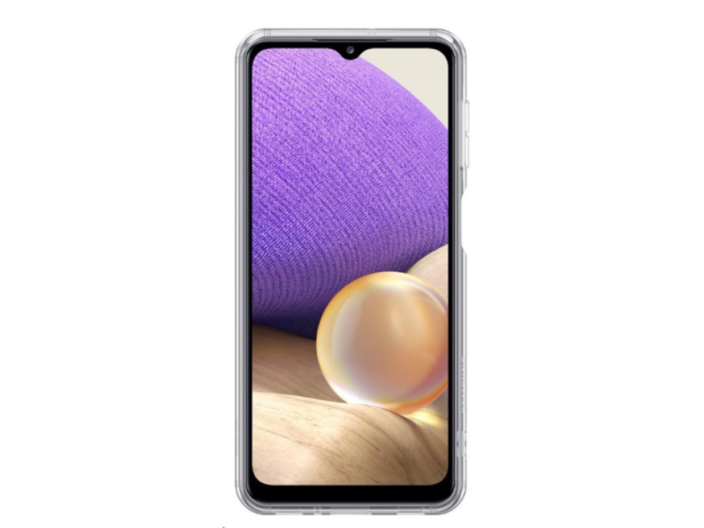 Smartphone en una funda transparente, mostrando un fondo púrpura y naranja.